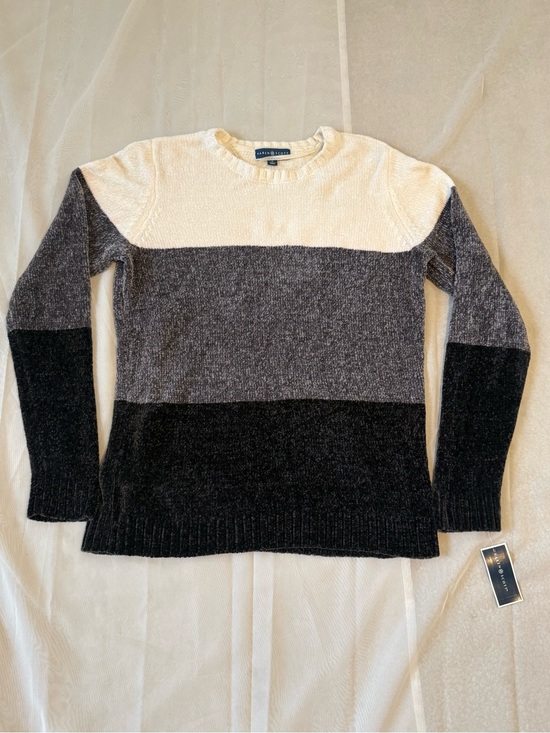 Karen Scott Sweaters - Karen Scott Cream, Gray & Black Striped Crewneck Sweater